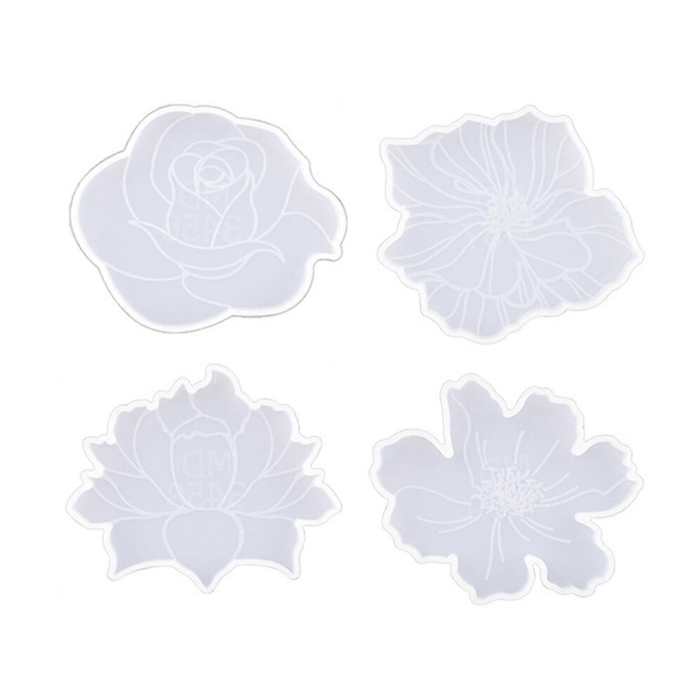 (As show, One size) 4 Pieces Flower Tea Tray Coaster Mold Silicone Epoxy Resin Coaster Mold Used to Make Artificial Agate Pieces Coasters