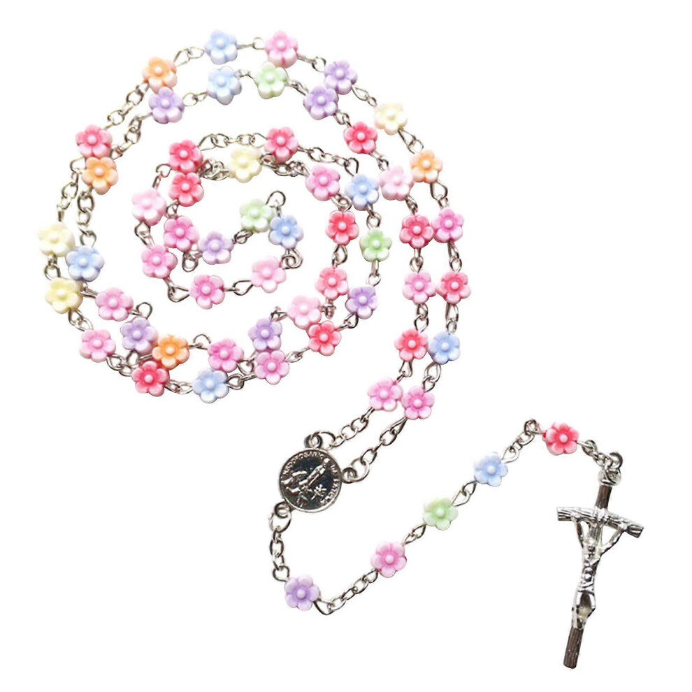 (As show, One size) Rosary Beads Necklace with Jesus Crucifix,Catholic Prayer Gifts Cross Pendant Necklace Flower Bead Necklace Jewelry Gift