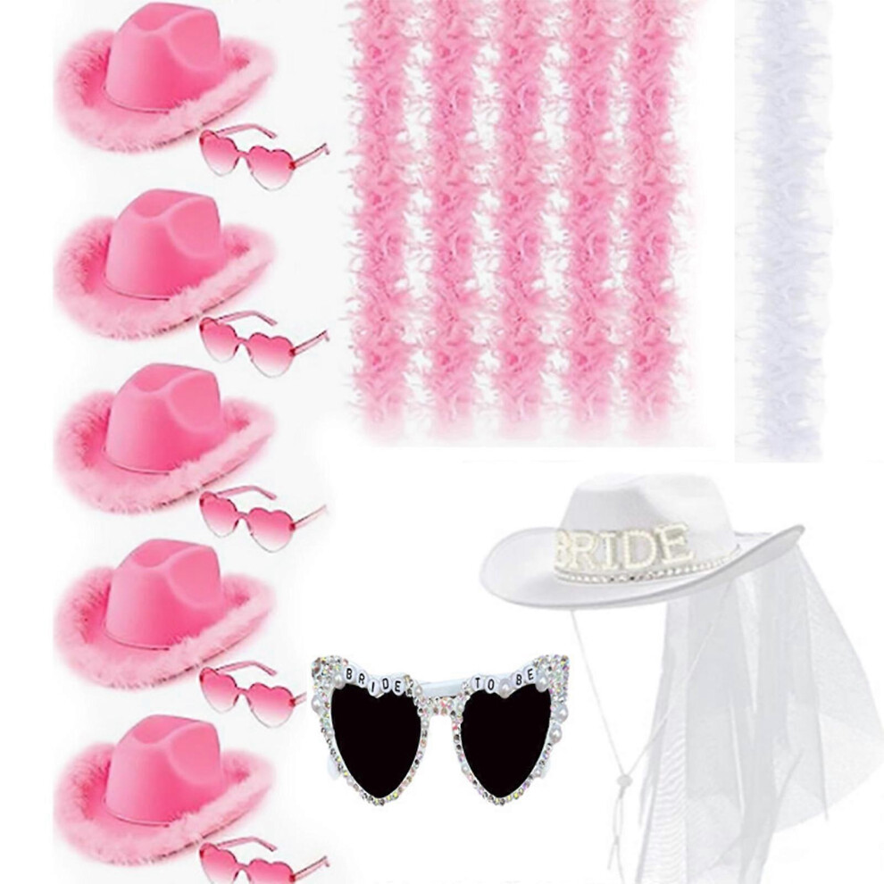 (As show, One size) Cowgirl Hat+Sunglasses+Strips Set for Bridal Shower for Bachelorette Party Bride and Bridesmaids Bride Hat with Veil