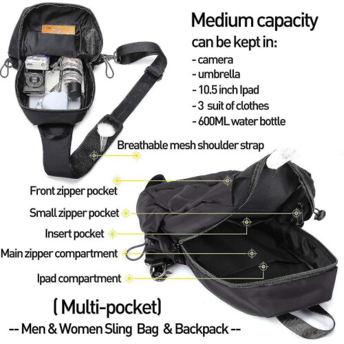 Small Black Sling Crossbody Backpack Shoulder Bag for Men Women