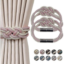 (Pink and Beige) 2pcs Magnetic Curtain Tiebacks 2 Colors Braided Simple Modern Creativity