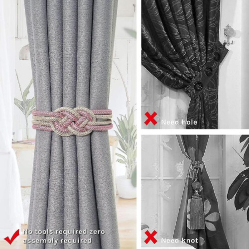 (Pink and Beige) 2pcs Magnetic Curtain Tiebacks 2 Colors Braided Simple Modern Creativity 2