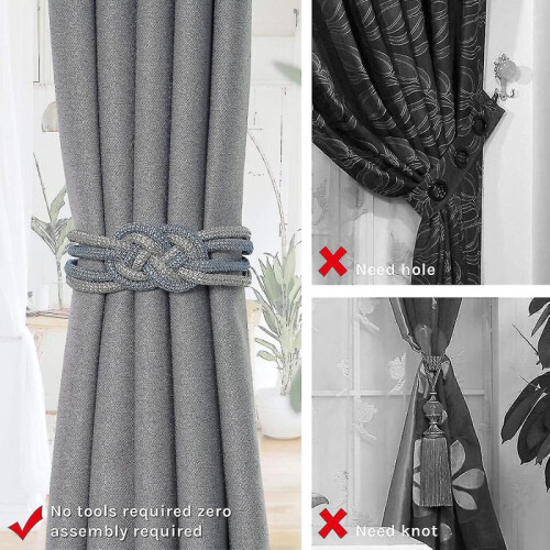 (Blue and Grey) 2pcs Magnetic Curtain Tiebacks 2 Colors Braided Simple Modern Creativity 2