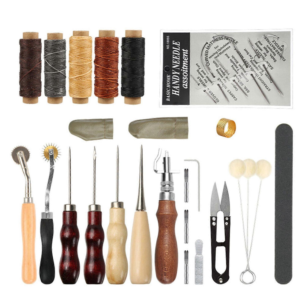 (As show, One size) Leather Craft Hand Tool Kits Leather Hand Stitching Sewing Tool Stitching Needle Waxed Thread Awl Groover for DIY Craft