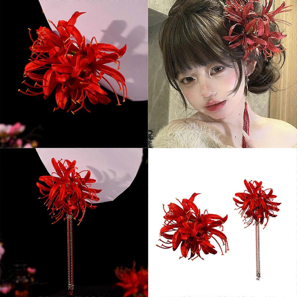 (No tassels, One size) Ancient Silk Flower Hairpin With Long Tassels For Bridal Shower Chinese Wedding Hair Decoration Styling Accessory