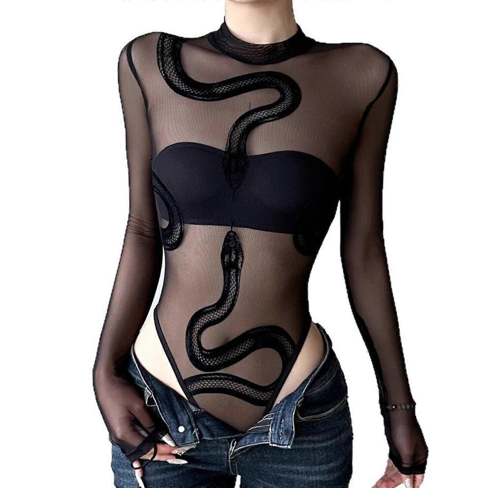 (L, One size) Womens Mesh Bodysuit Long Sleeve Bodysuit Round Neck Sheer Leotards Snake Bodysuit Tops Clubwear Snap Crotch  S
