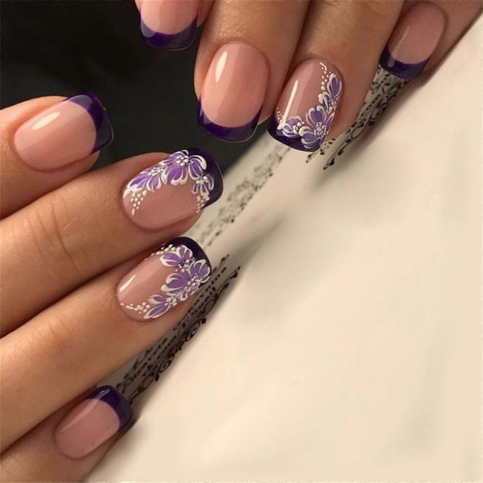 (As show, One size) 24 Pcs French Tip Press On Nail Short Square False Nail Flowers Acrylic Nail Simple Full Cover Stick On Nail