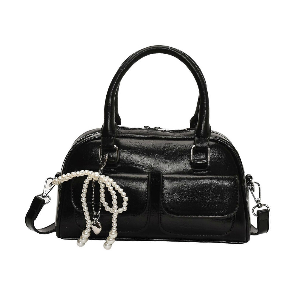 (, One Size) Stylish Pu Leather Handbag With Detachable Bows Charm Crossbody Bags For Women Spacious Interior Shoulder Purse Black