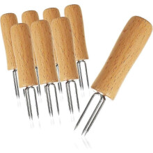 8x corn forks with 3 stainless steel tines, rustproof - reusable corn skewers - helps to peel jacket potatoes (08 pieces - wood)
