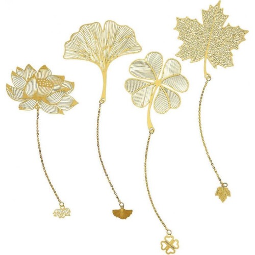 4 Pack Metal Bookmarks with Chain, Gold Cutout Bookmarks