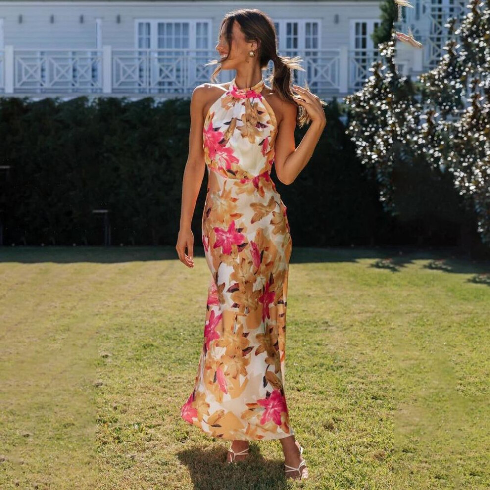 (orange, L) Women Spring Sleeveless Floral Print Halter Dress Summer Casual A-line Backless High Waist Lace Up Long Dresses S-xl