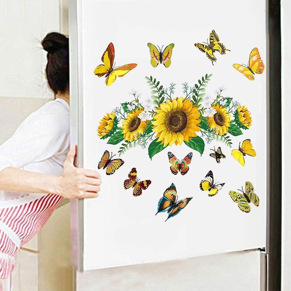 (As Show, One Size) Sunflowers Wall Decal With 12 Pcs 3D Colorful Butterfly Wall Stickers For Nursery Bedroom Bathroom Kitchen Kikidex