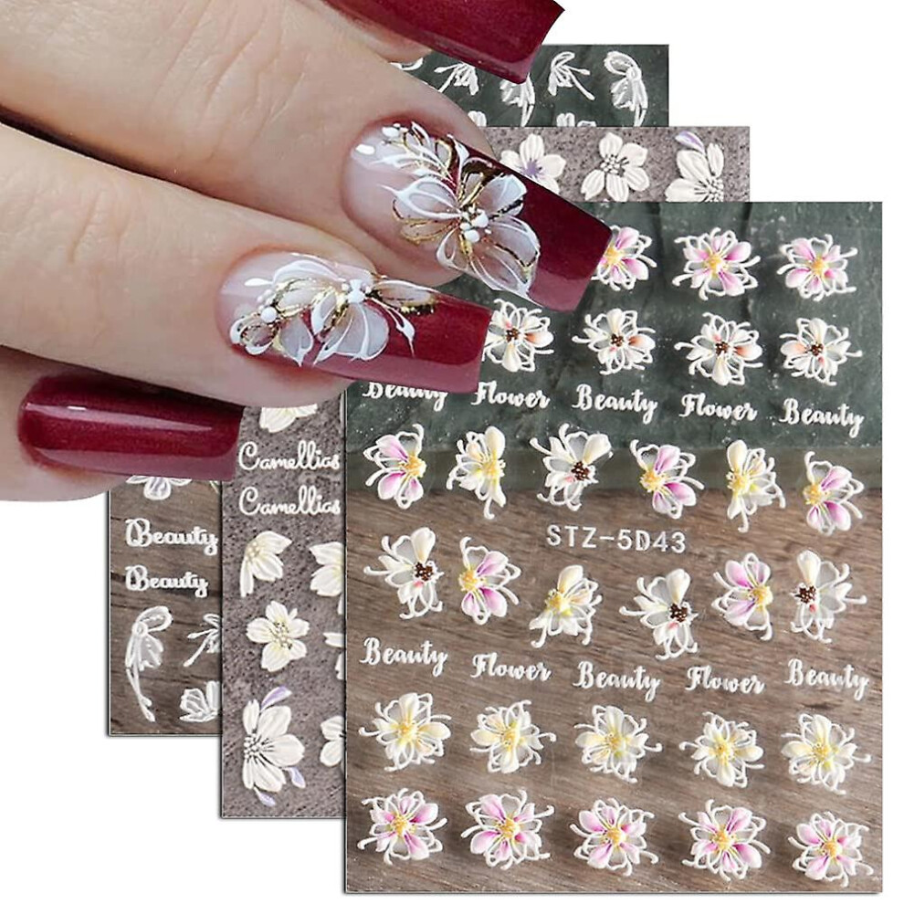 Kikidex White (As Show, One Size) Flower Nail Art Sticker Decals Acrylic 5D Hollow Exquisite Pattern Nail Art Supplies Self-Adhesive Luxurious Nail Art Decoration W