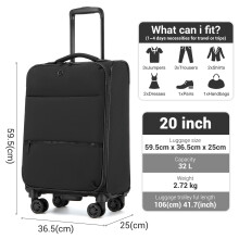 (black) 20Inch Soft Shell Nylon Suitcase 4 Wheels Hand Luggage 32L Travel Case Green