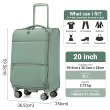 (Green) 20Inch Soft Shell Nylon Suitcase 4 Wheels Hand Luggage 32L Travel Case Green
