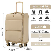 (kahi) 20Inch Soft Shell Nylon Suitcase 4 Wheels Hand Luggage 32L Travel Case Green