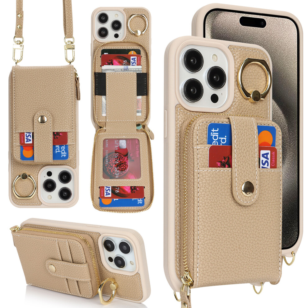 (apricot, iphone15 6.1) Suitable for Apple 16 ring card holder mobile phone case 16pro business card multi-function anti-fall mobile phone case-image-OPC-PHYQCG8-NEW