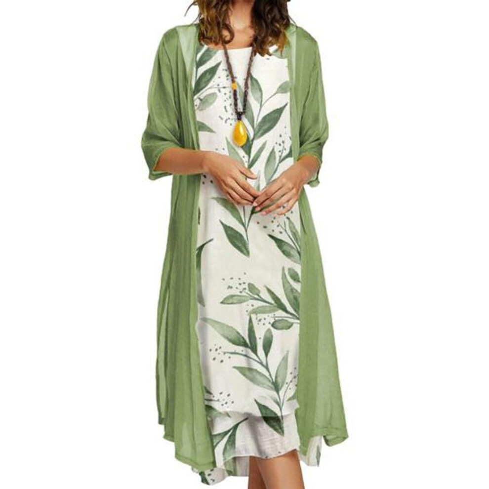 (green, M) 1 Set Office Lady Cardigan Dress Bamboo Leaves Large Hem Summer Vintage Elegant Dress Set For Party-image-OPC-PHYQCMR-NEW