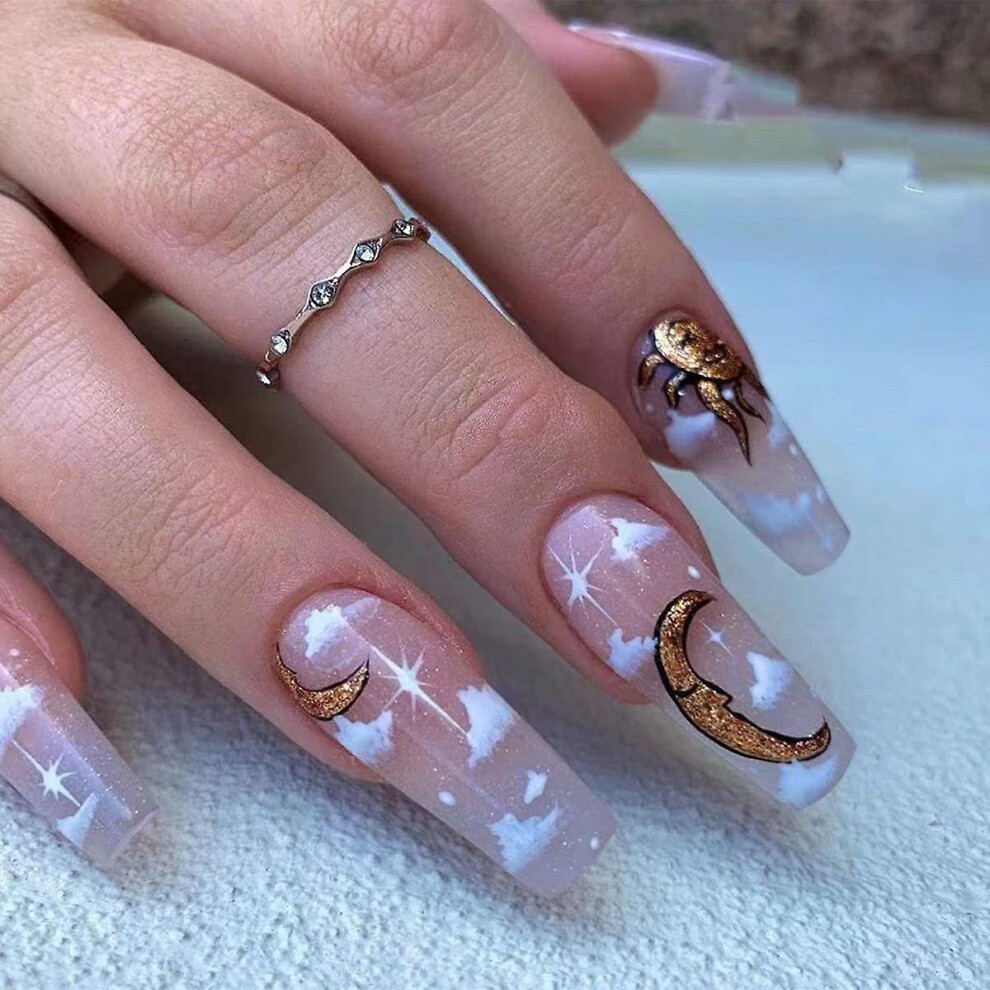 Kikidex (As Show, One Size) Coffin Press On Nails, Extra Long Fake Nails, Glossy False Nails, Stars Moon Acrylic Nails, Artificial Glue On Nails For Women And