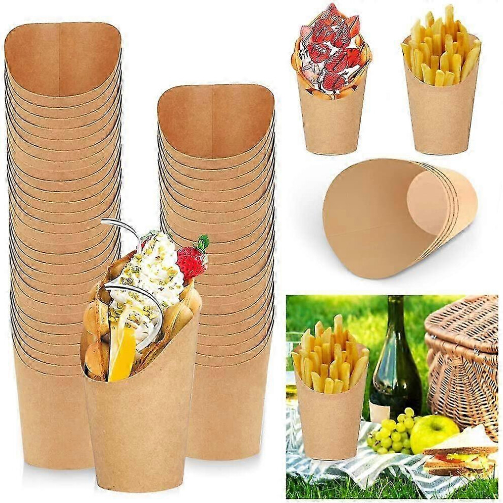 Kikidex (As Show, One Size) 100 Pcs Disposable French Fries Cup 14Oz Snacks Kraft Paper Cups Waffle Snacks Holders Brown