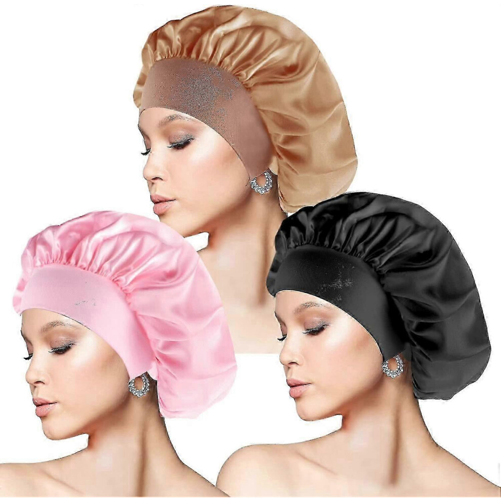 Kikidex (As Show, One Size) 3 Pcs Silk Bonnet, Satin Hair Bonnet For Sleeping With Wide Elastic Band Satin Sleep Cap For Women Girls