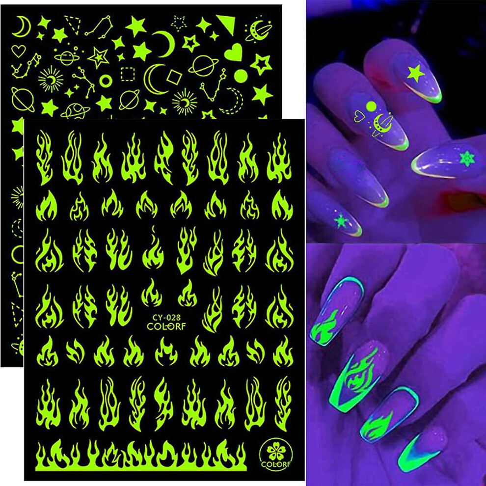 Kikidex (As Show, One Size) Luminous Nail Art Stickers Decals 3D Self Adhesive Nail Art Supplies 6Sheets Flame Star Moon Butterfly Nail Art Design Nail Sticke