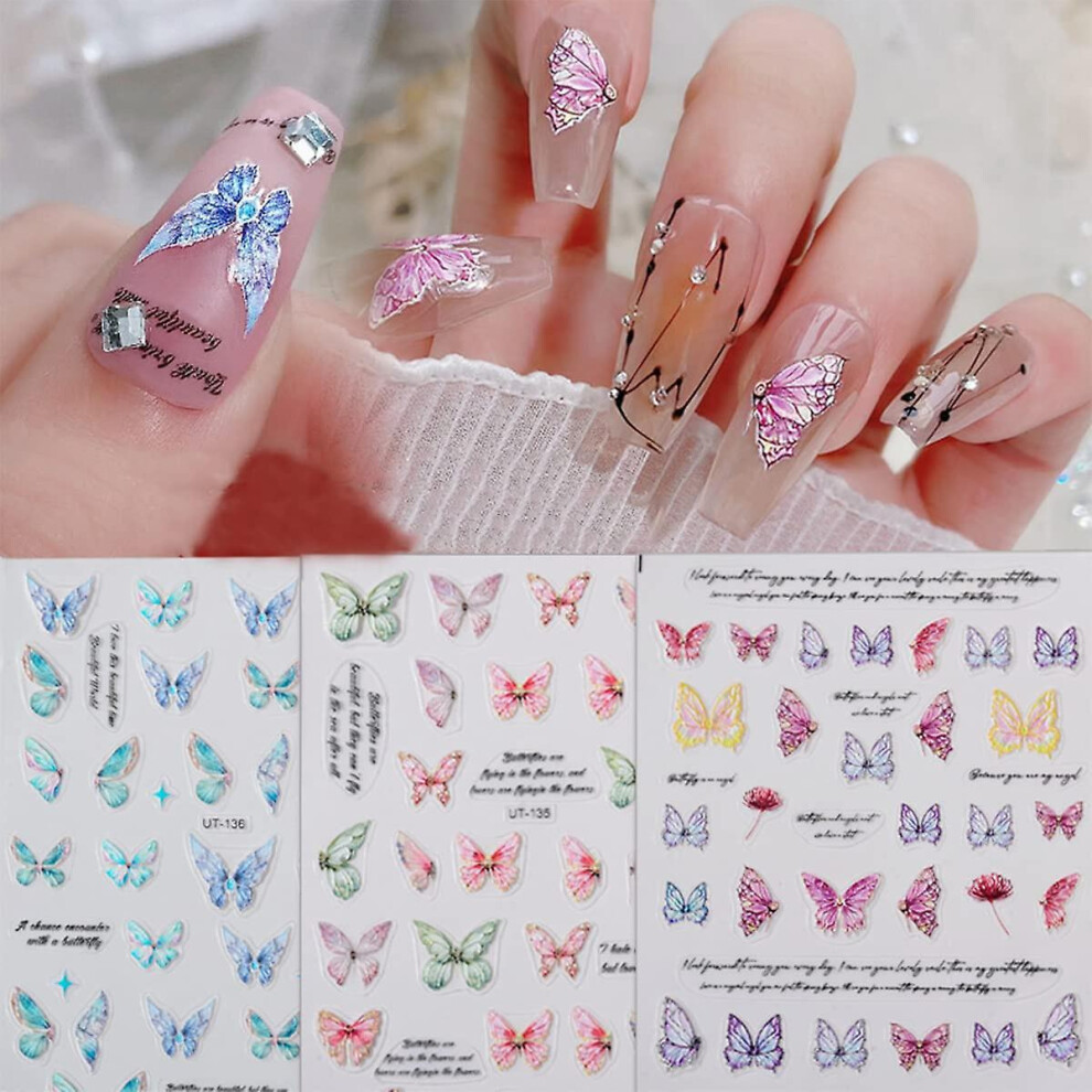 Kikidex Pink/Purple/Blue (As Show, One Size) Butterfly Nail Art Stickers 5D Embossed Nail Decals Spring Butterfly Nail Art Design Self Adhesive Nail Supplies