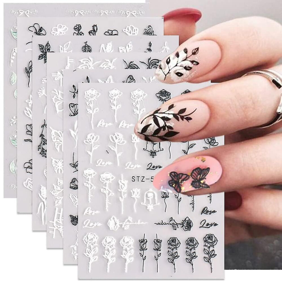 Kikidex Black/White (As Show, One Size) Flower Nail Art Stickers Decals Butterfly Flower Leaf 5D Self-Adhesive Exquisite Rose Flower Nail Decals Nail Art Supp