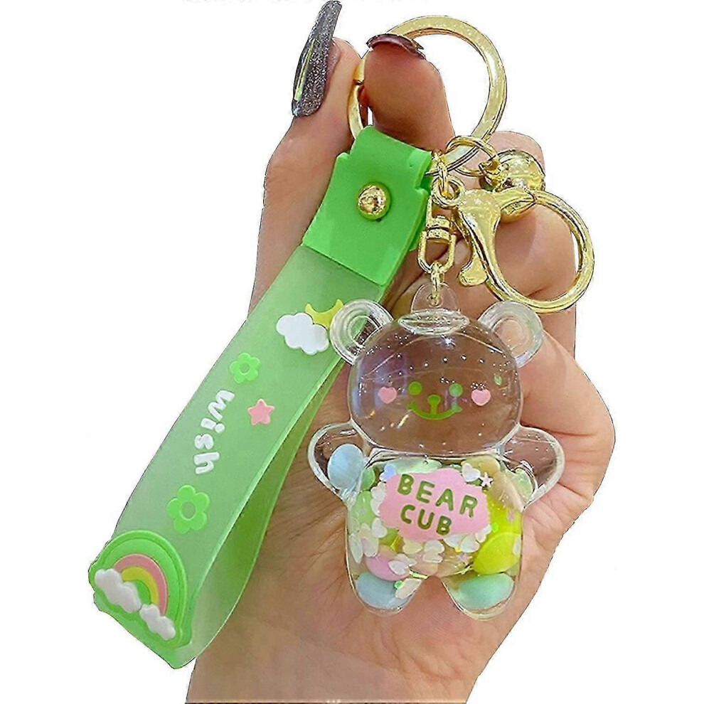 (As show, One size) Kawaii Keychain Bear Liquid Floating Quicksand Cute Keychains Bag Charm Wristlet Bracelet Key Ring For Women Girl