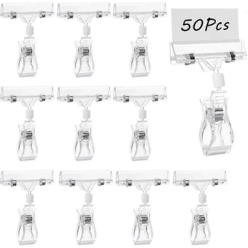 50 Pcs Rotatable Sign Clips, Double-Sided Merchandise Sign Holders, Plastic Clear Tag Display Racks, Label Stands js 1