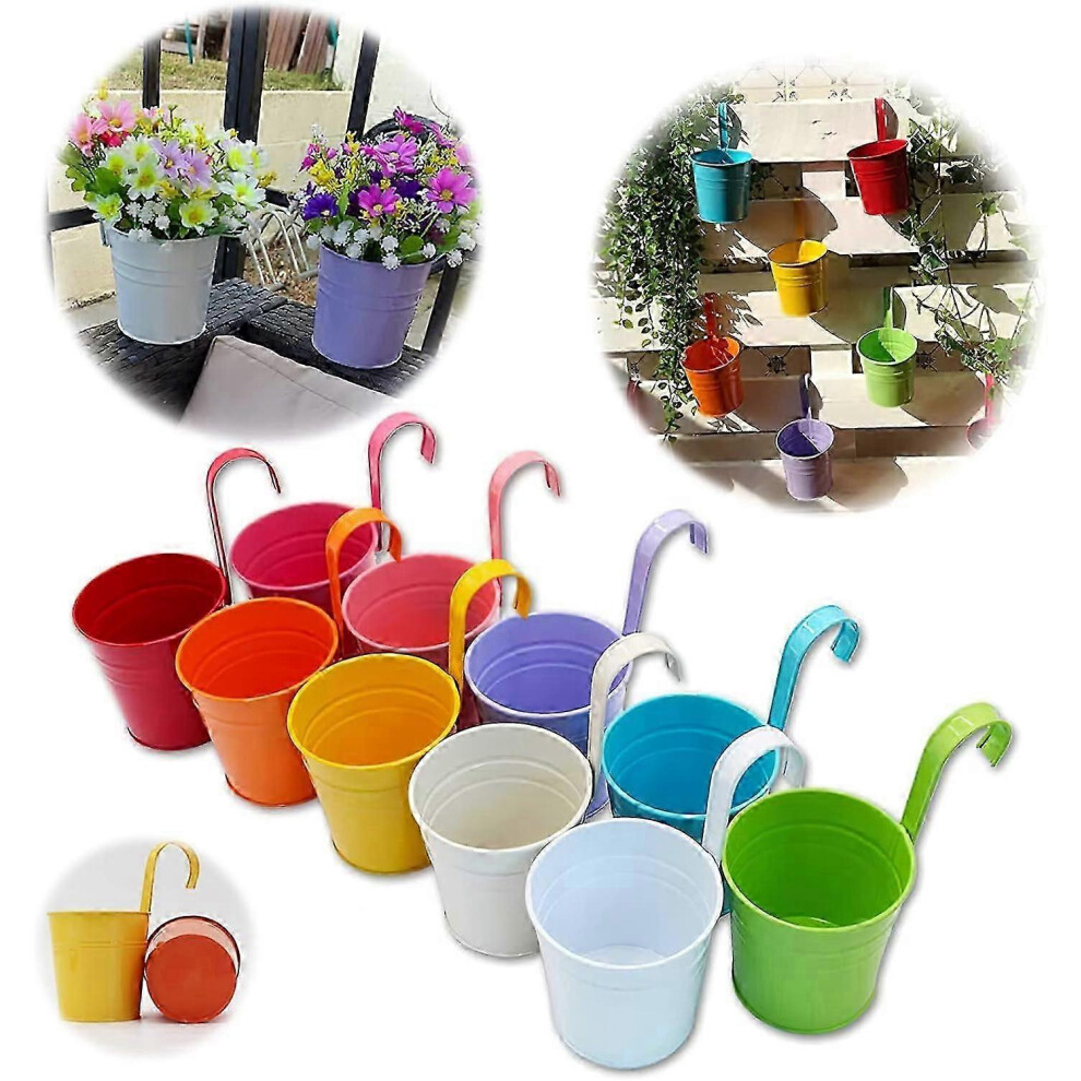 (As show, One size) Set Of 10 Metal Flower Pots Hanging Vase Planting Basket Without Drainage Hole, Detachable Hook, Garden Fence Balcony Decoration