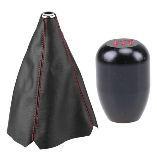 For Honda Red Stitch Leather Manual Shift Boot+R-T Black 5-Speed Shifter Knob 1