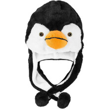 (As show, One size) Penguin Plush Animal Winter Ski Hat Pilot Style Winter beanie hat (short) Black/white