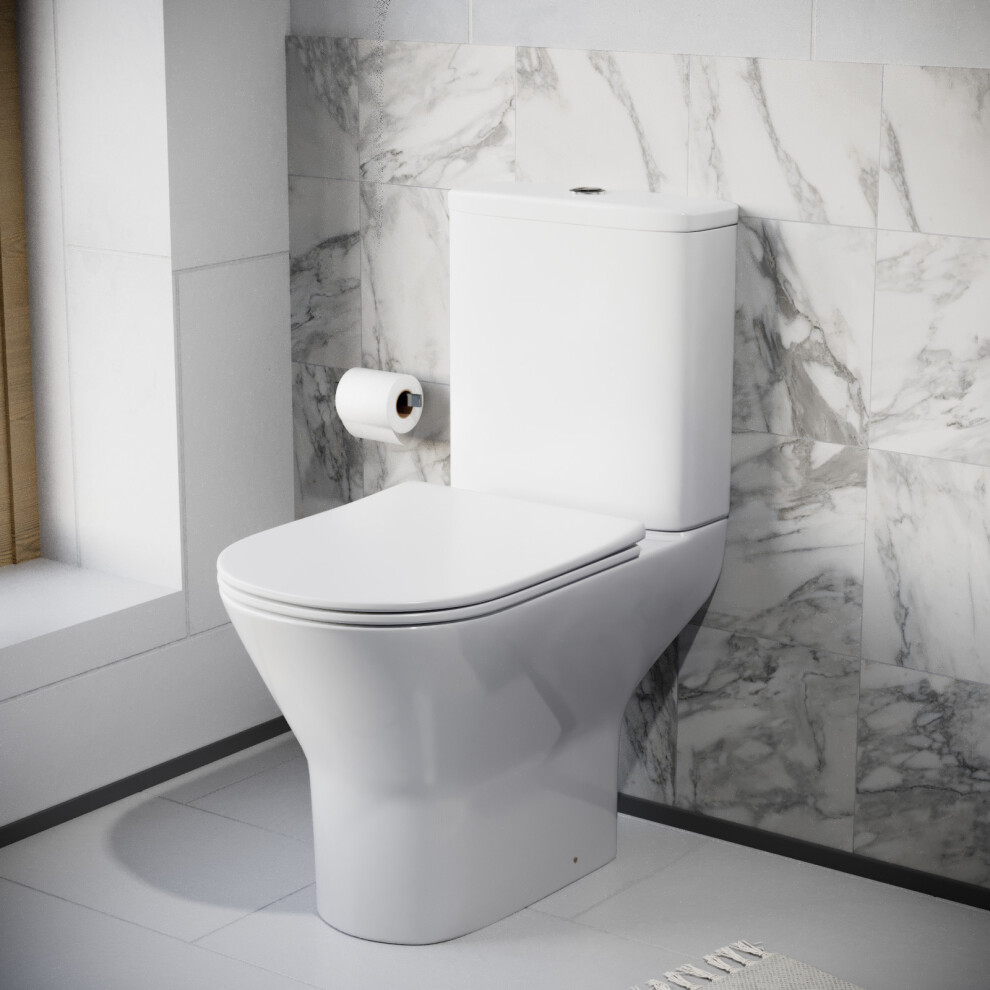 Nes Home Modern Close Coupled Rimless Round Toilet Ceramic Soft Closing Seat | Raze White