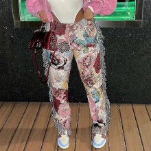 (XL, Purple) Floral Printed Tassels Fringed Pants Chic Streetwear Trousers
