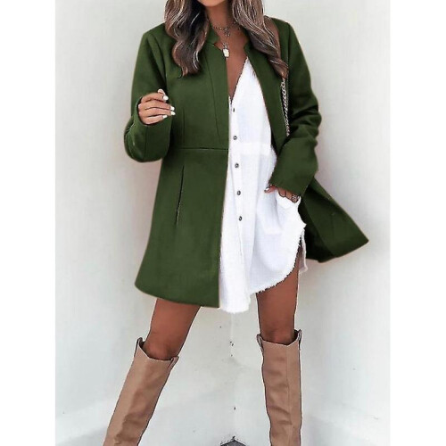 (L,army green)Autumn And Winter Solid Color Thin Long-sleeved Pocket Woolen Women's Coat