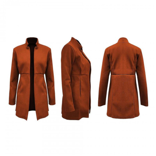 (XL,brick red)Autumn And Winter Solid Color Thin Long-sleeved Pocket Woolen Women's Coat 1