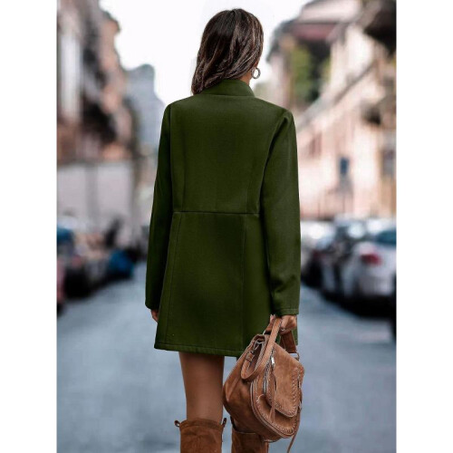 (2XL,army green)Autumn And Winter Solid Color Thin Long-sleeved Pocket Woolen Women's Coat 2