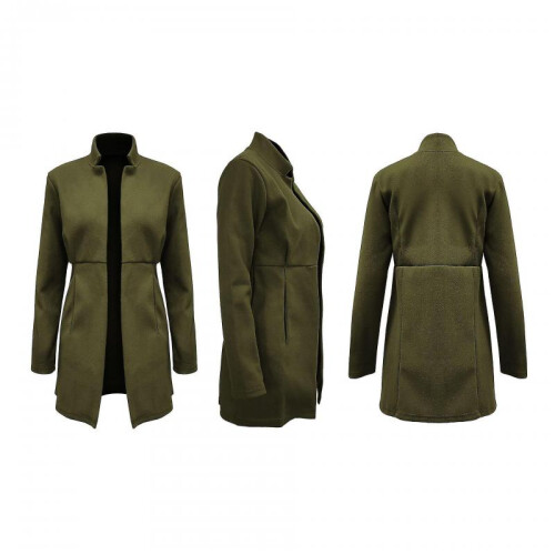 (L,army green)Autumn And Winter Solid Color Thin Long-sleeved Pocket Woolen Women's Coat 1
