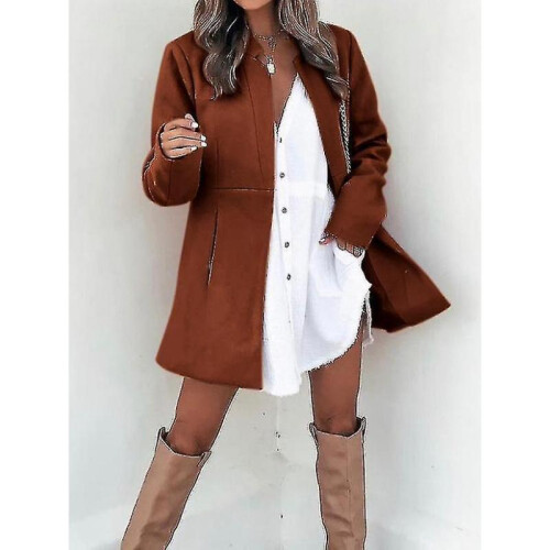 (XL,brick red)Autumn And Winter Solid Color Thin Long-sleeved Pocket Woolen Women's Coat