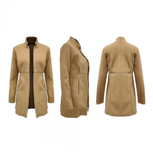 (S,Khaki)Autumn And Winter Solid Color Thin Long-sleeved Pocket Woolen Women's Coat 1