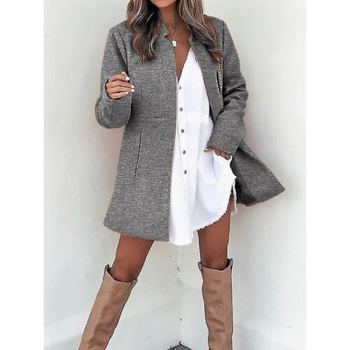 (M,Ash)Autumn And Winter Solid Color Thin Long-sleeved Pocket Woolen Women's Coat