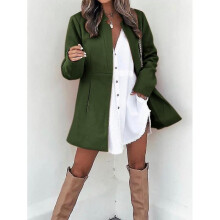 (3XL, army green) Autumn And Winter Solid Color Thin Long-sleeved Pocket Woolen Women's Coat