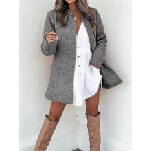 (XL, Ash) Autumn And Winter Solid Color Thin Long-sleeved Pocket Woolen Women's Coat