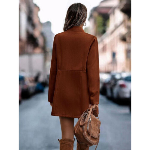 (XL,brick red)Autumn And Winter Solid Color Thin Long-sleeved Pocket Woolen Women's Coat 2