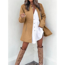 (S, Khaki) Autumn And Winter Solid Color Thin Long-sleeved Pocket Woolen Women's Coat