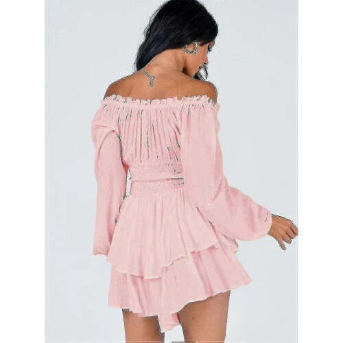 (M,Pink)Women Off Shoulder Long Sleeve Romper Shorts Ruffle Jumpsuit Playsuit 1