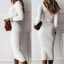 (S, White) Women Ribbed Knitted V-neck Long Sleeve Bodycon Sweater Stretch Slim Fit Midi Dress