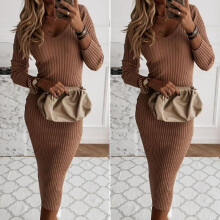 (L, Camel) Women Ribbed Knitted V-neck Long Sleeve Bodycon Sweater Stretch Slim Fit Midi Dress