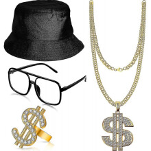 Hip Hop Clothing Kit with Bucket Hat, Sunglasses, Gold Chain And Ring, 80s/90s Rapper Accessories (set Of 4)